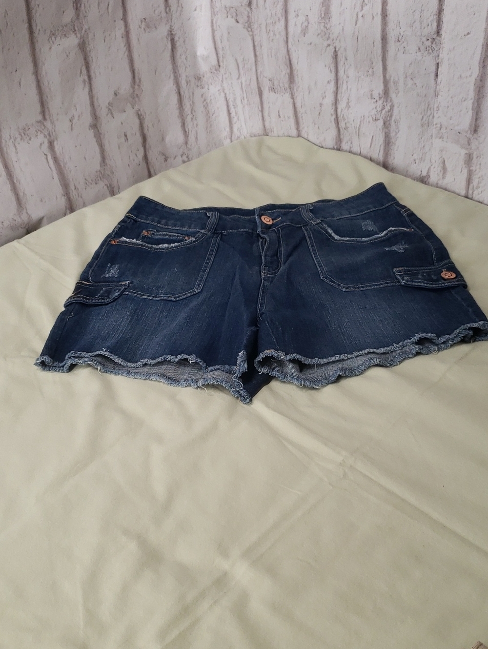 Dark Blue Denim Frayed Women's Shorts With Cargo Pockets. Size 10